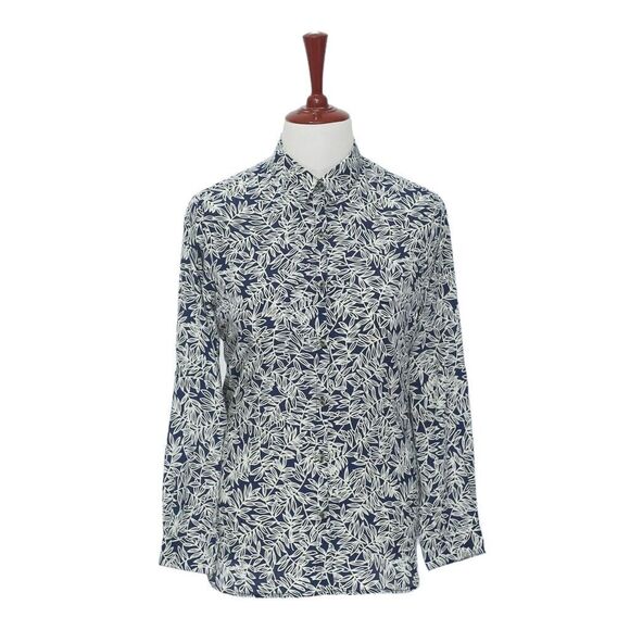 Womens Silk Shirt Button Up Blue White Floral Tropical Hawaiian Casual Medium - Picture 1 of 7